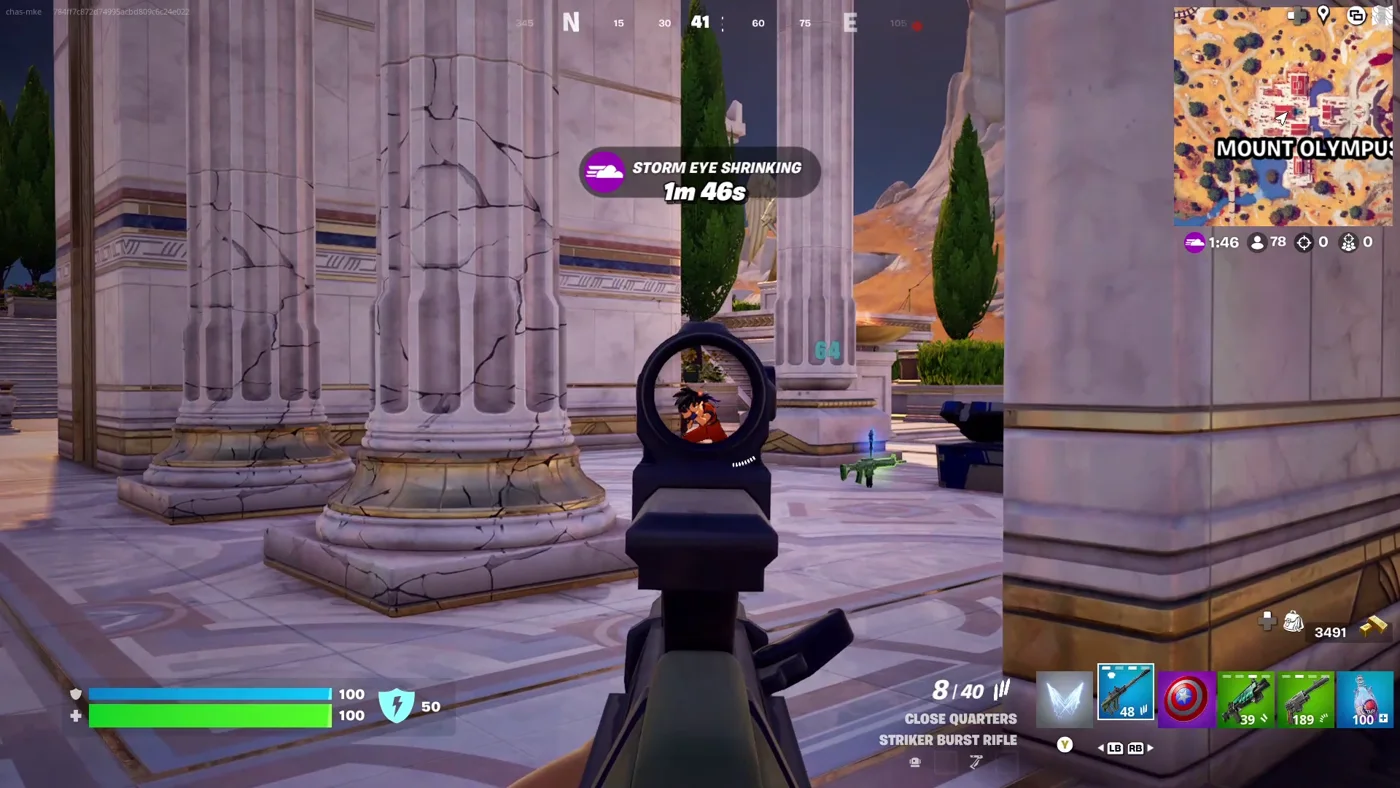 Fortnite Zero Build Aimbot sight picture at Mount Olympus